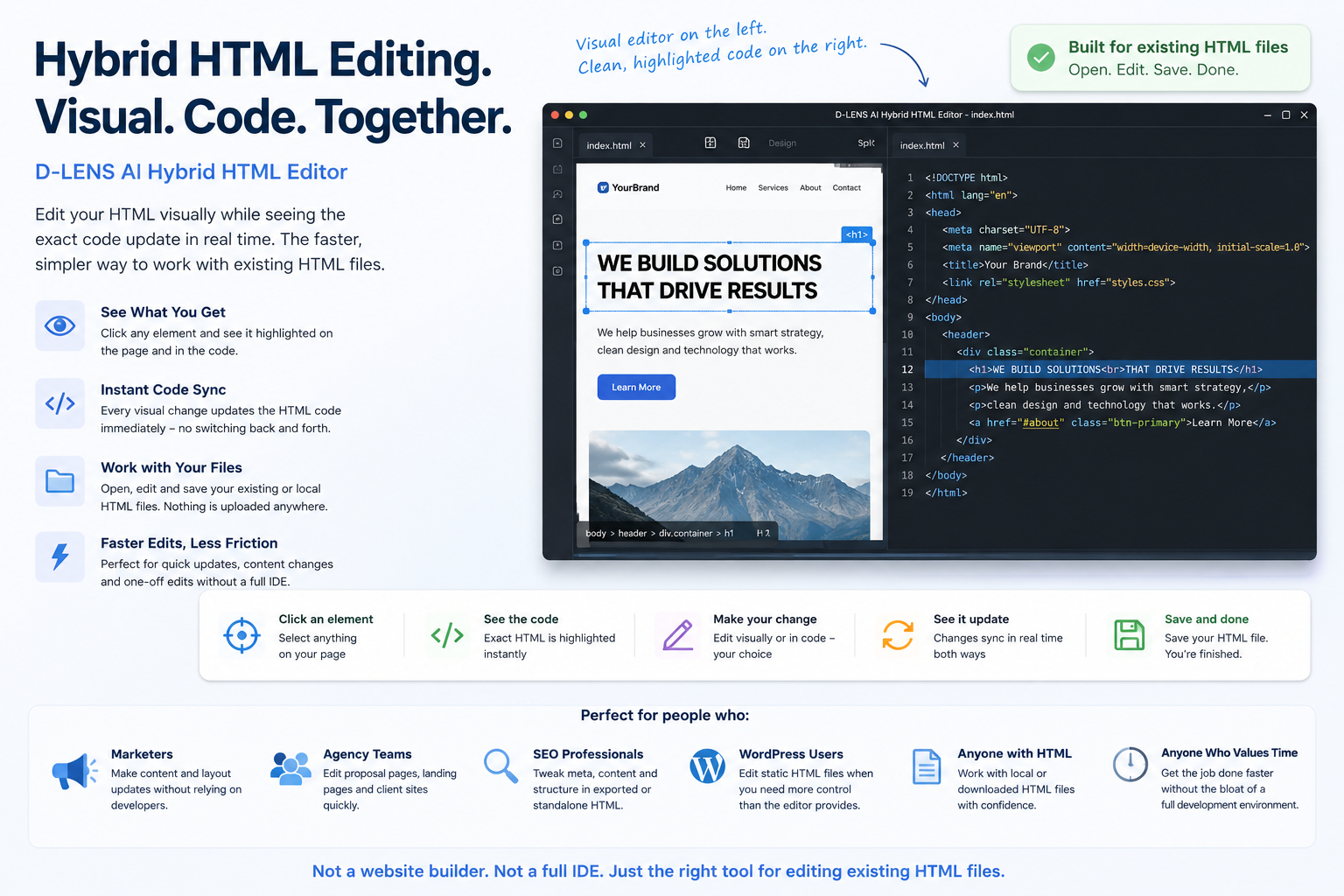 D-LENS AI Hybrid HTML Editor showing visual HTML editing on the left and highlighted code editing on the right for existing local HTML files