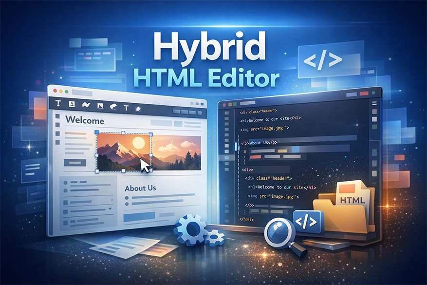 Side-by-side visual HTML editor and code editor interface for editing existing HTML files