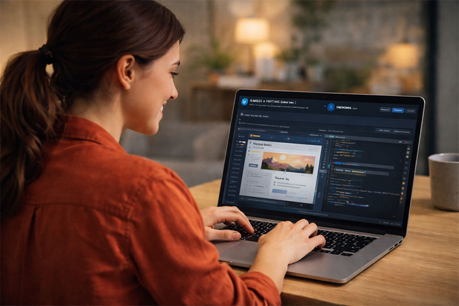 User editing an existing HTML page in a visual HTML editor on a laptop